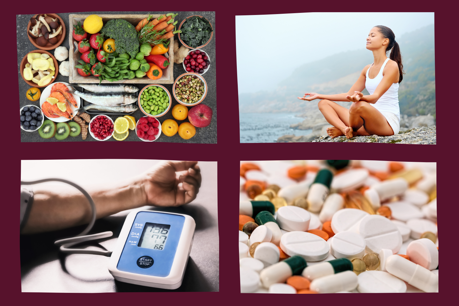 Healthy food, woman meditating outside, checking blood pressure and various medications on a table.
