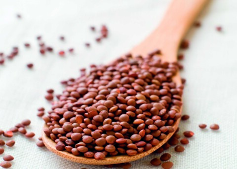 Pile of dried lentils on a wooden spoon.