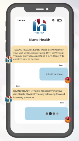 A text message conversation between Island Health and a patient about confirming an appointment.