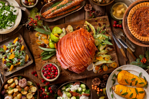 A holiday meal spread (turkey, cranberries and squash)