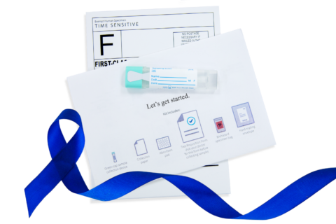 Colorectal Cancer screening kit with Colon Cancer Awareness blue ribbon.