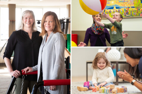Collage of different modalities of rehabilitation therapists, physical, occupational and speech therapists.