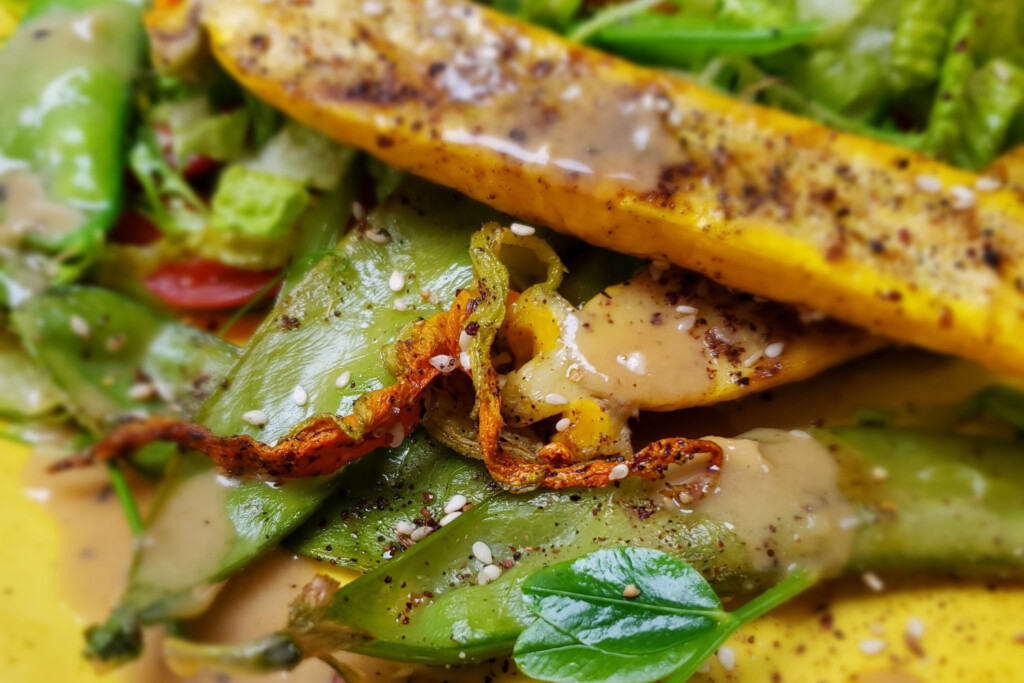 Grilled squash and peas.